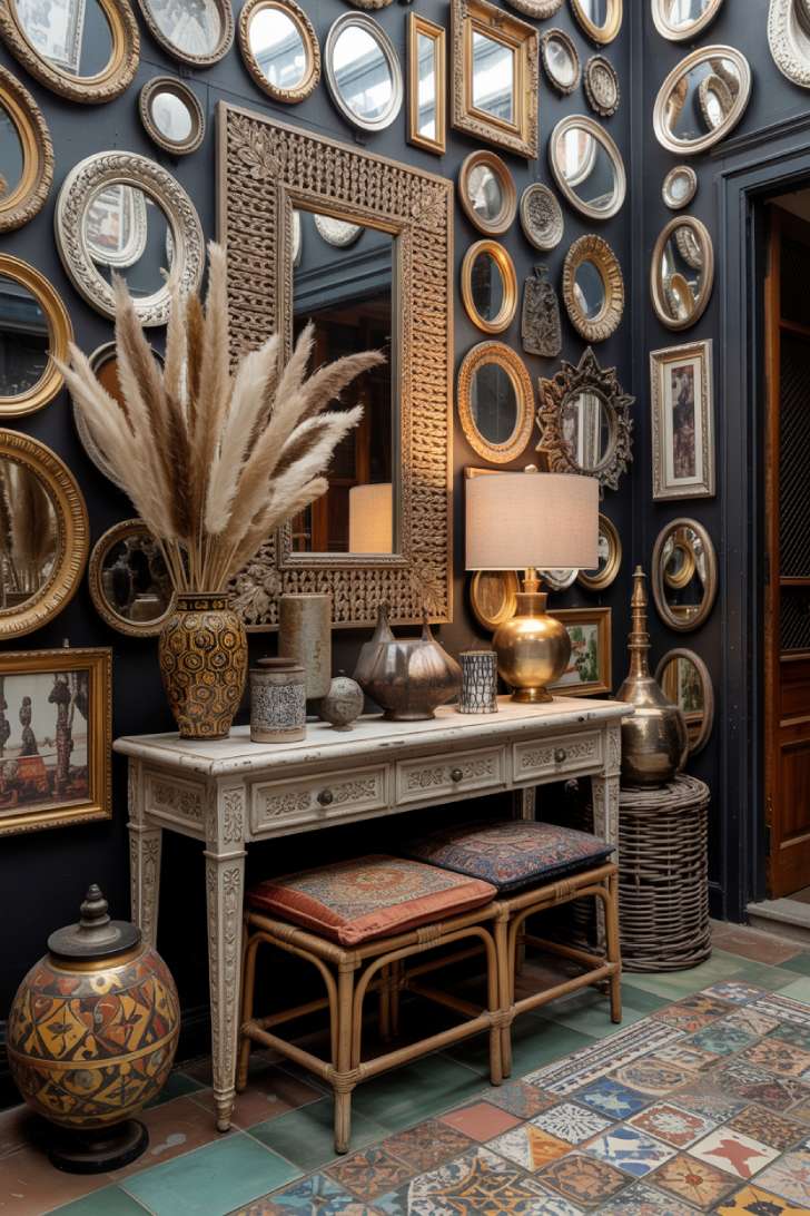 Bohemian maximalist entryway with ornate mirrors, global artifacts, and colorful Moroccan tile floors