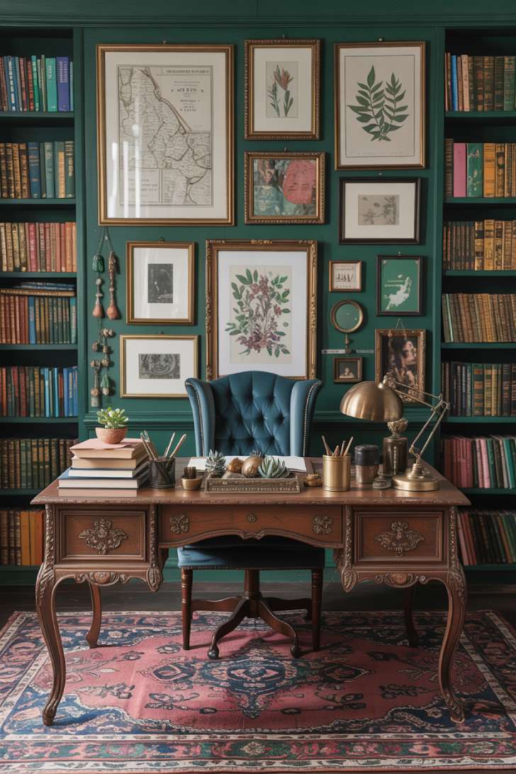 Bohemian maximalist home office with deep green walls, antique desk, velvet chair, and Persian rug