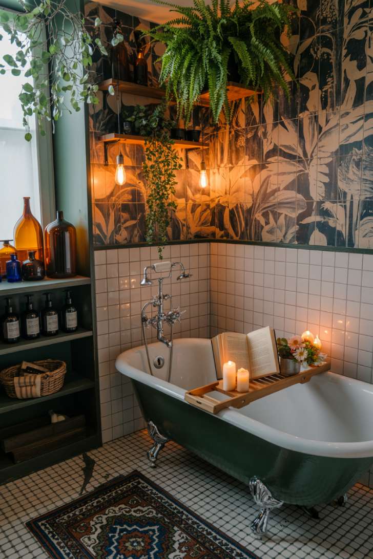 Bohemian maximalist bathroom with clawfoot tub, botanical wallpaper, layered rugs, and amber glass bottles