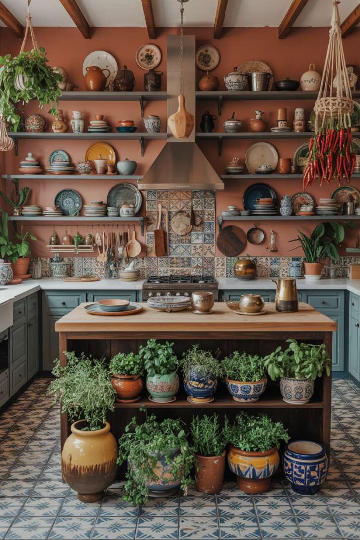 Bohemian maximalist kitchen with open shelving, colorful ceramics, terracotta walls, and patterned tile floor