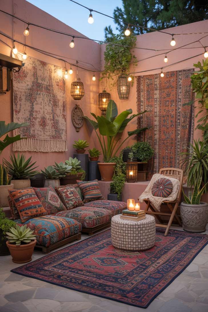 Bohemian maximalist outdoor patio with floor cushions, layered rugs, lanterns, and lush potted plants