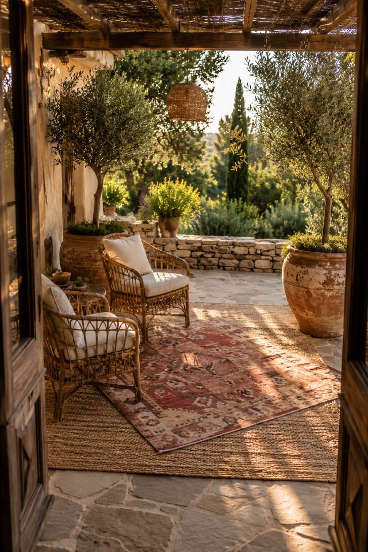 Layered jute and kilim rugs on a weathered stone bohemian patio with rattan chairs and olive trees