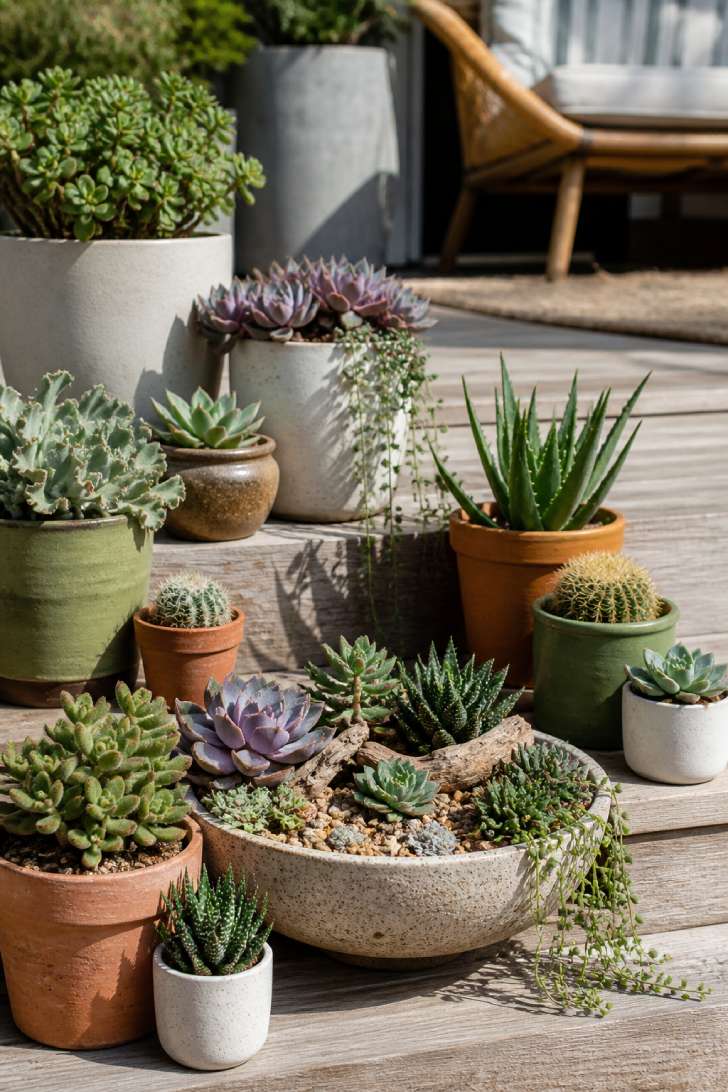 Mismatched ceramic and terracotta pots with succulents and cacti arranged on wooden bohemian patio steps
