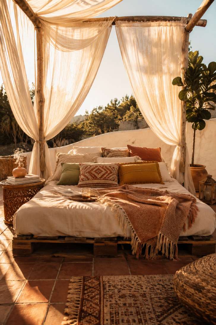 Bohemian patio daybed with linen canopy and layered cushions in terracotta and mustard tones