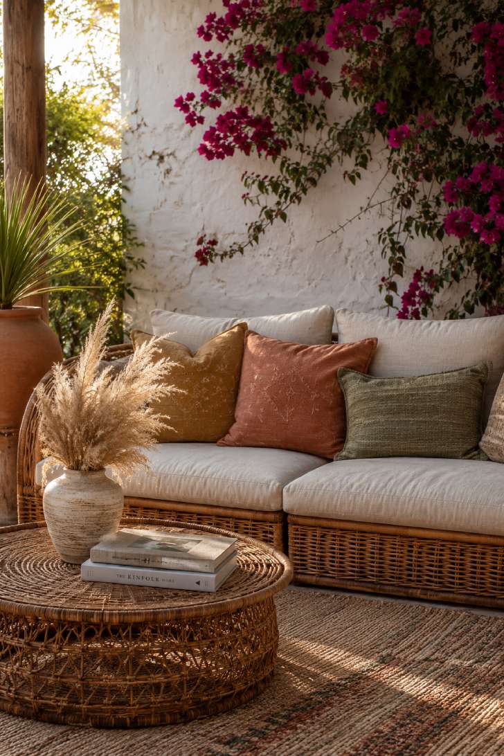 Low rattan patio furniture with oatmeal cushions and mustard throw pillows in a bohemian lounge corner
