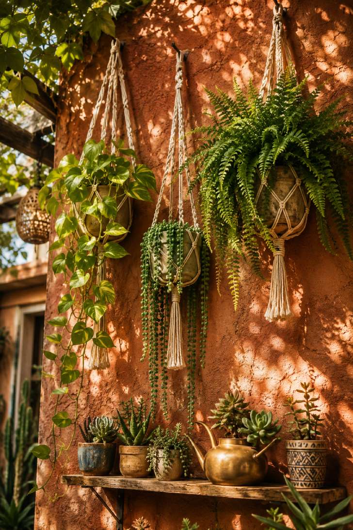 Macrame plant hangers with trailing pothos and ferns on a terracotta patio wall