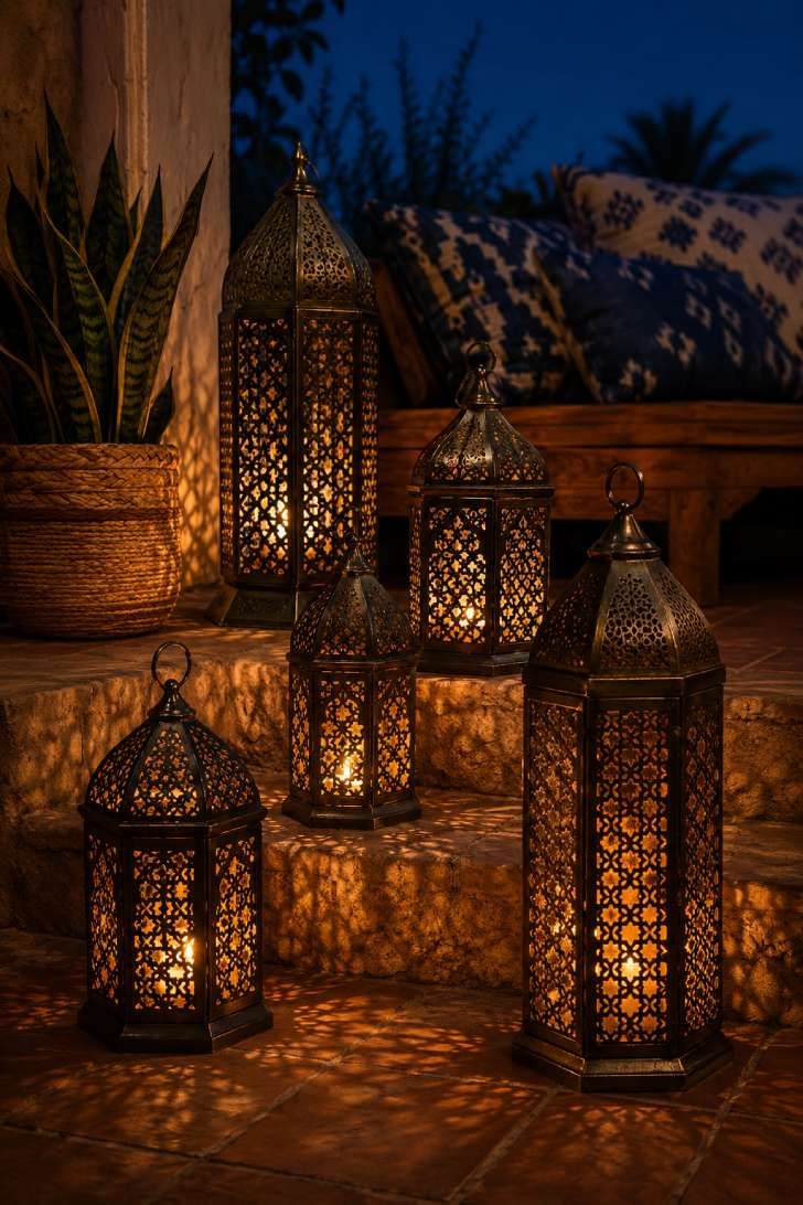 Cluster of Moroccan lanterns with geometric cutouts casting warm shadow patterns on patio steps
