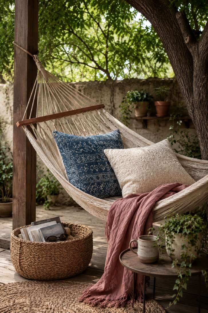 Cotton rope hammock with indigo throw pillows and a linen throw in a shaded bohemian patio corner