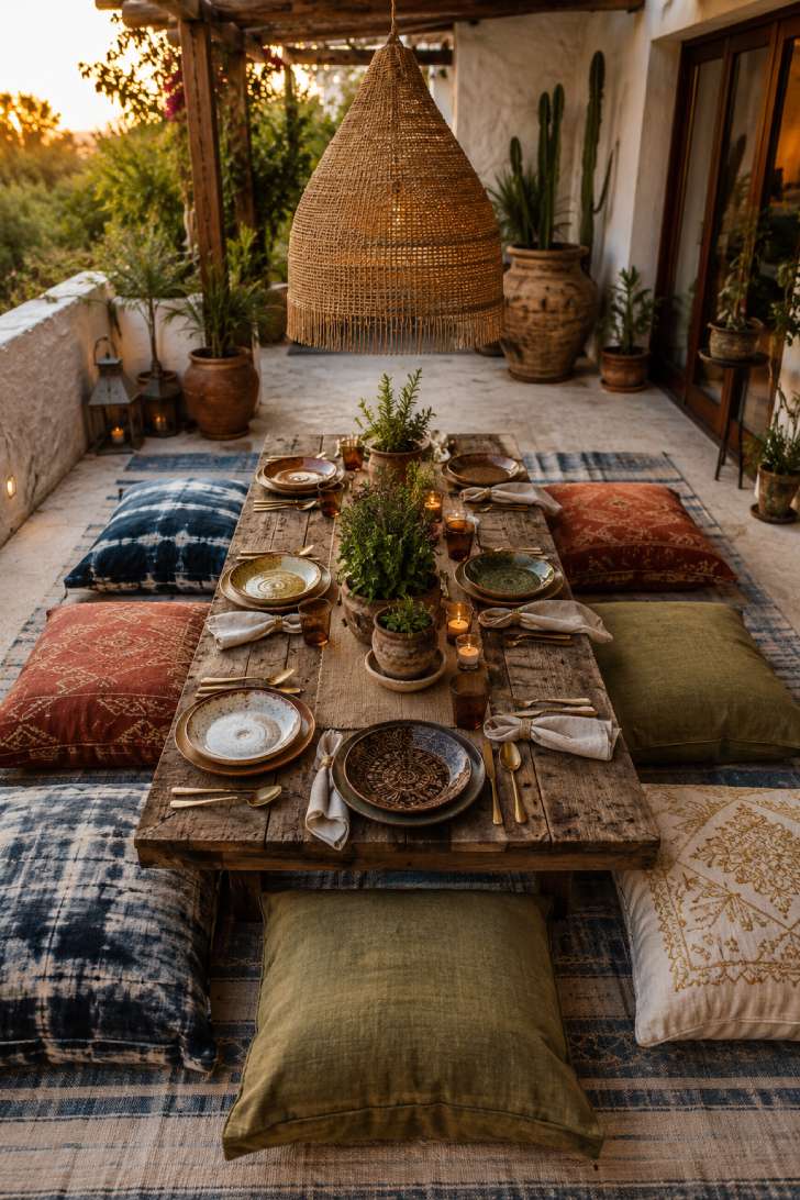 Low reclaimed wood table surrounded by patterned outdoor floor cushions for bohemian patio dining