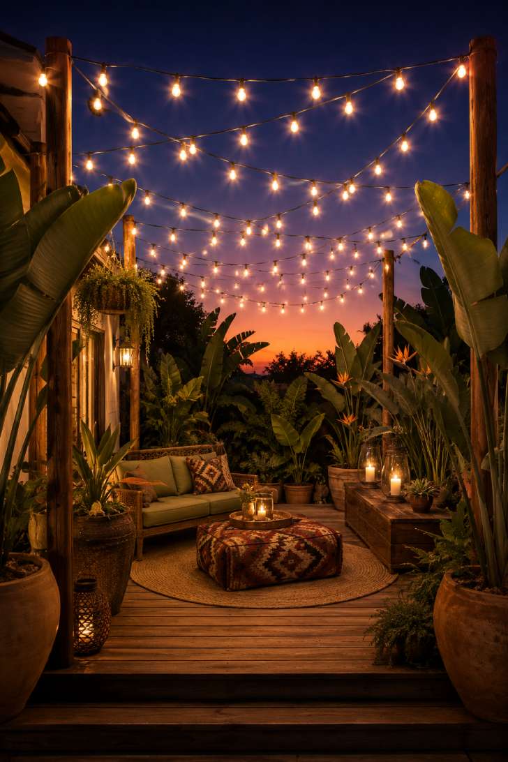 Warm white patio string lights in a crisscross canopy pattern over a bohemian rattan seating area at dusk