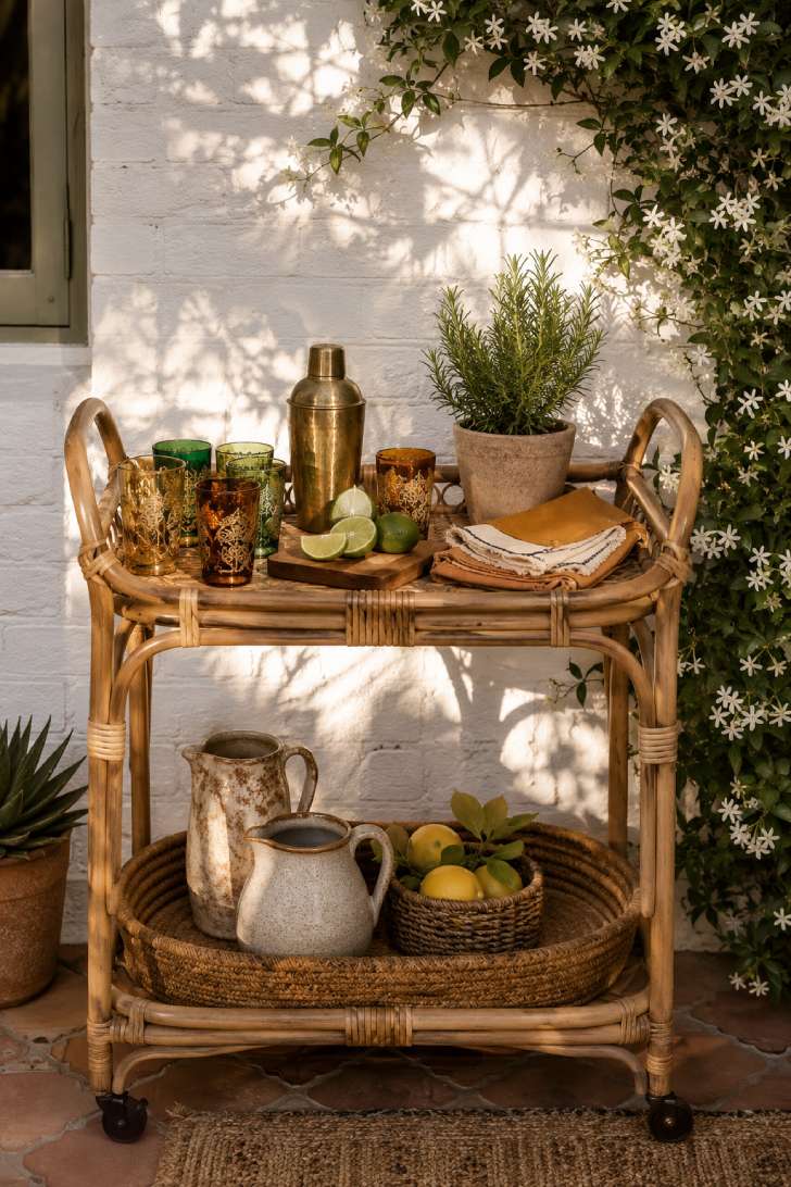 Styled rattan bar cart with Moroccan tea glasses and potted herbs on a bohemian patio