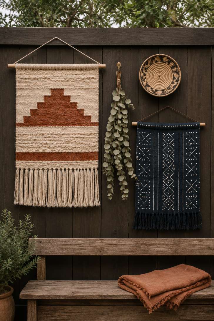 Woven tapestries and mudcloth hangings arranged on a dark wood patio fence as bohemian wall art