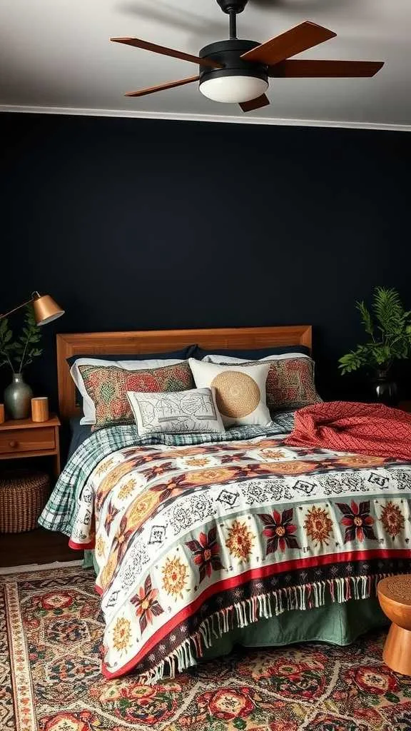 20 Unique Dark Boho Bedroom Ideas for a Bold Statement 10 A cozy dark boho bedroom featuring layered bedding with colorful patterns, plants, and warm lighting.