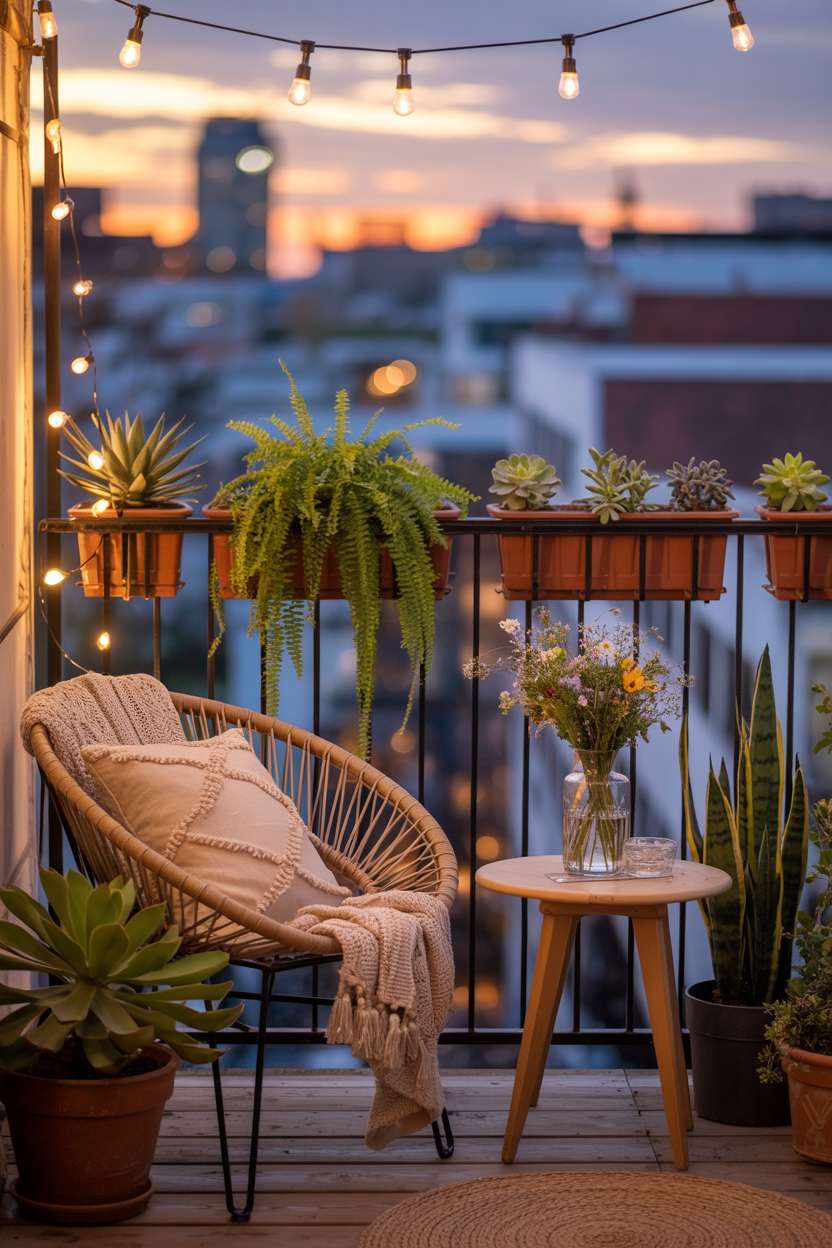 31 Boho Balcony Ideas to Create a Relaxing Outdoor Escape 1 Woven rattan chair with cream cushions and throw blanket on balcony overlooking illuminated cityscape at dusk