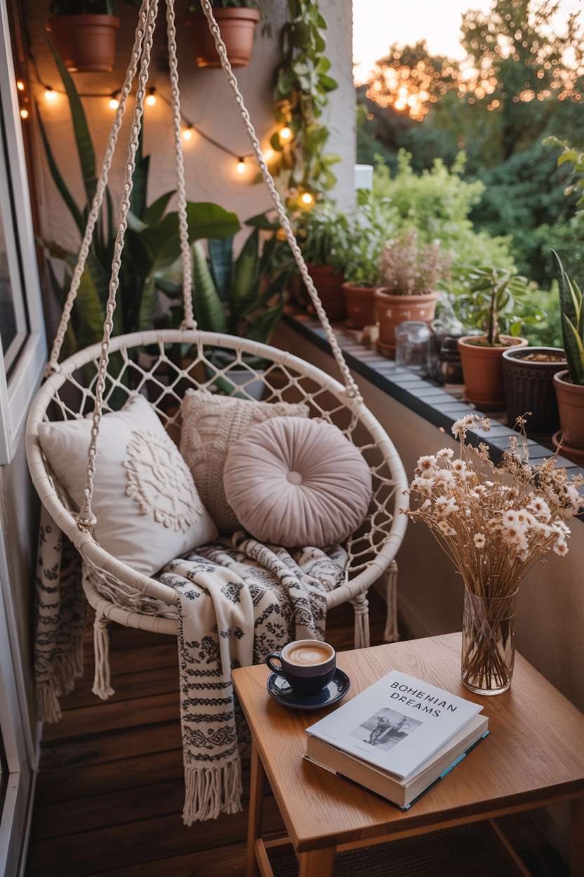 31 Boho Balcony Ideas to Create a Relaxing Outdoor Escape 2 Hanging macrame chair with patterned throw and cushions beside wooden table with coffee and book