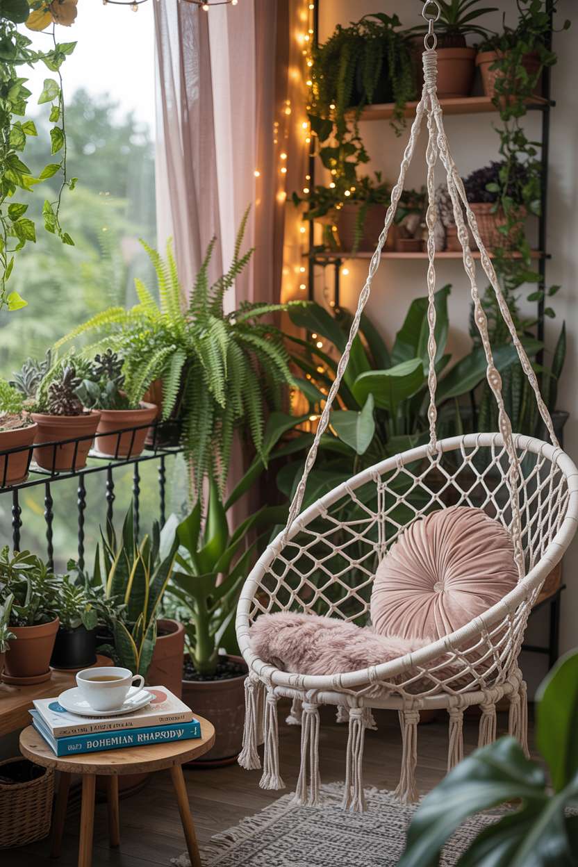 31 Boho Balcony Ideas to Create a Relaxing Outdoor Escape 3 Macrame hanging chair with knitted cushion facing wooden table with tea and stacked books