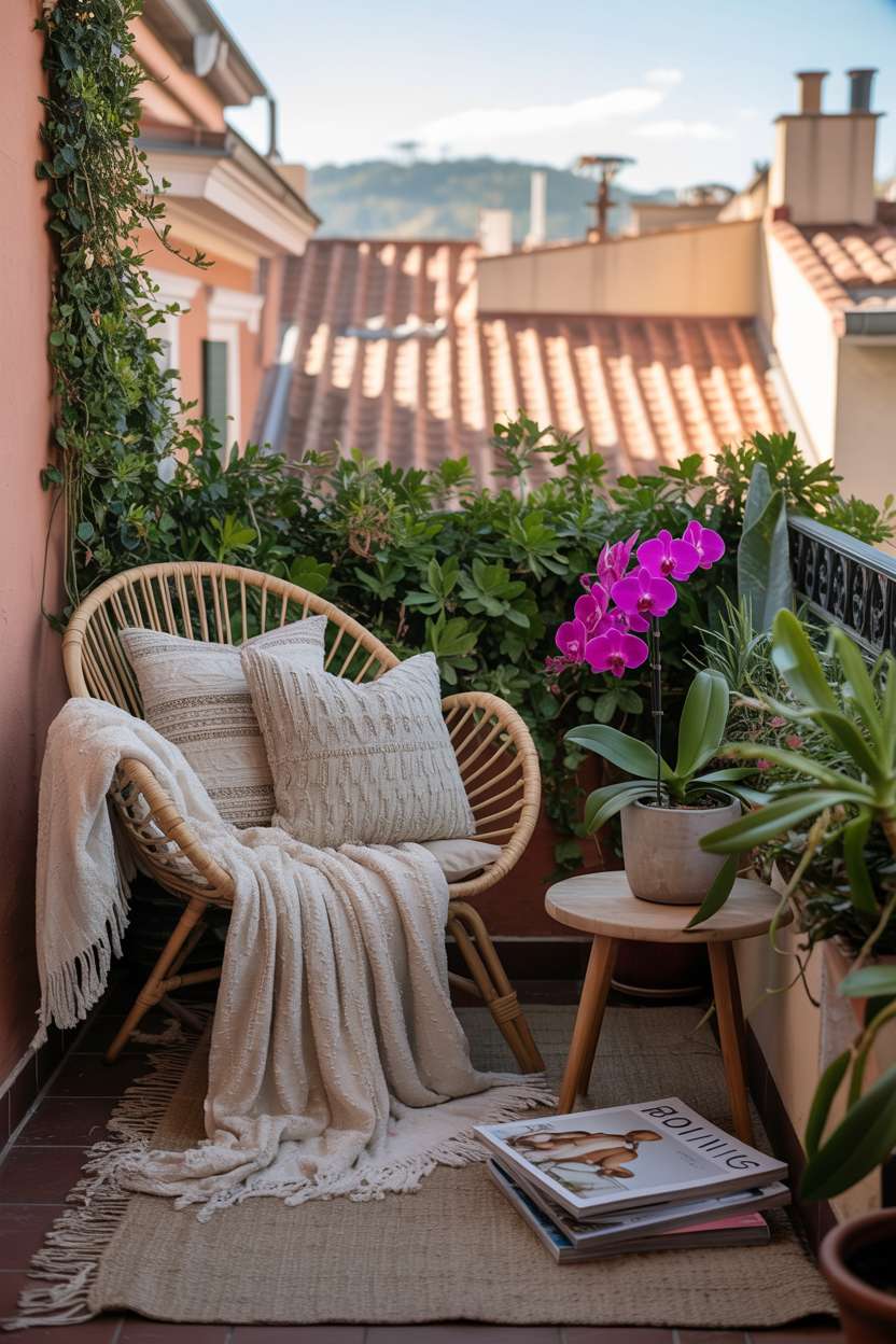 31 Boho Balcony Ideas to Create a Relaxing Outdoor Escape 4 Rattan chair with cream throw and patterned pillows beside wooden table with pink orchid and magazines