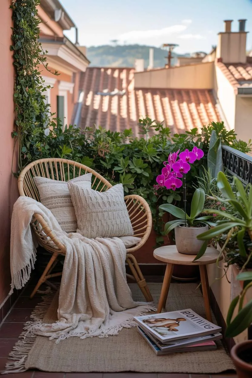 31 Boho Balcony Ideas to Create a Relaxing Outdoor Escape 4 Rattan chair with cream throw and patterned pillows beside wooden table with pink orchid and magazines