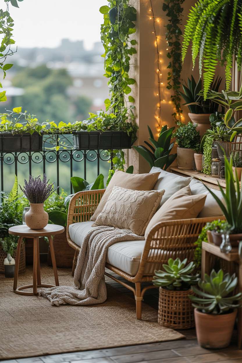 31 Boho Balcony Ideas to Create a Relaxing Outdoor Escape 5 Woven rattan sofa with patterned pillows and knitted blanket surrounded by trailing vines and fairy lights