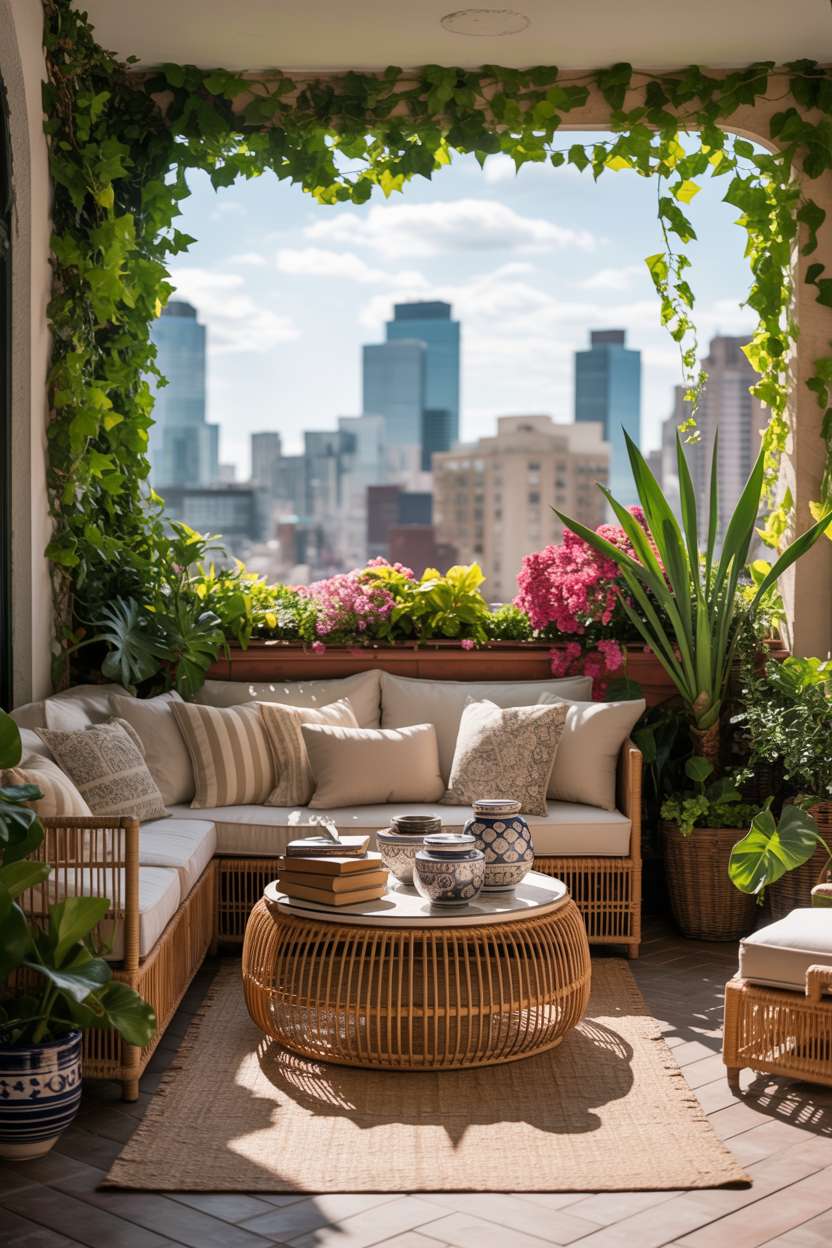 31 Boho Balcony Ideas to Create a Relaxing Outdoor Escape 6 Woven rattan seating area with ceramic pots and vintage books surrounded by cascading ivy and flowering plants