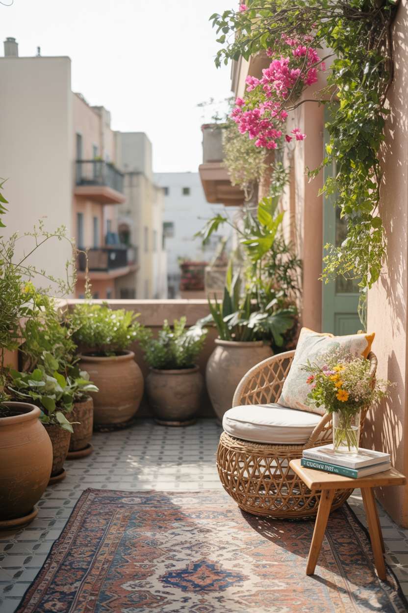 31 Boho Balcony Ideas to Create a Relaxing Outdoor Escape 7 Persian rug with oversized terracotta planters and rattan daybed surrounded by cascading vines and bougainvillea