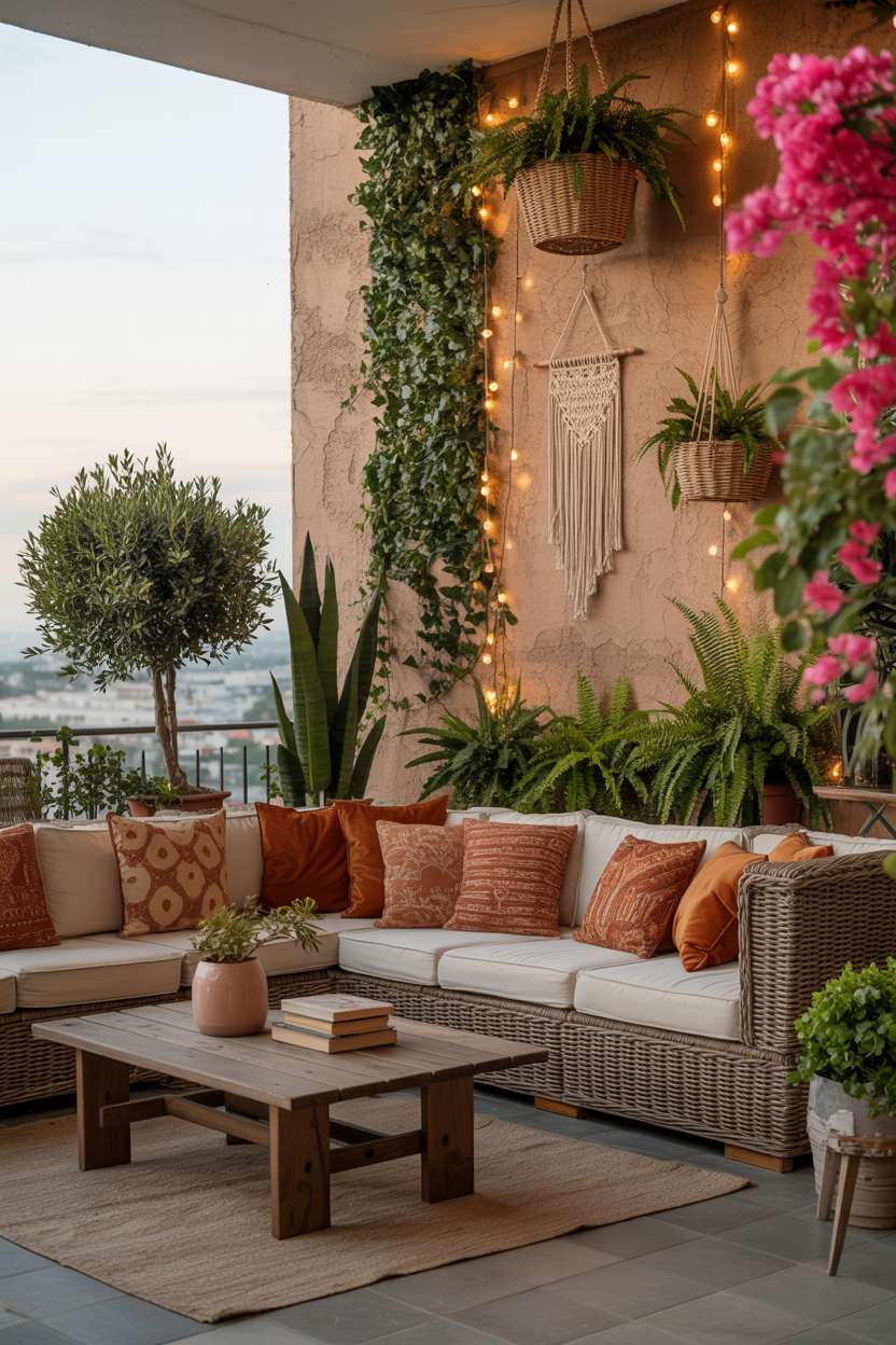 31 Boho Balcony Ideas to Create a Relaxing Outdoor Escape 8 Rattan sectional sofa with earthy-toned cushions around wooden coffee table with olive trees and bougainvillea