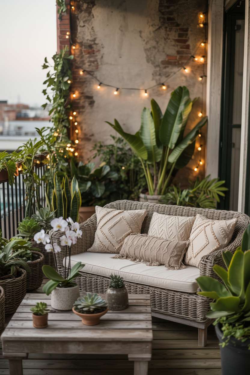 31 Boho Balcony Ideas to Create a Relaxing Outdoor Escape 9 Woven rattan sofa with patterned pillows facing wooden table with succulents and white orchids against brick wall