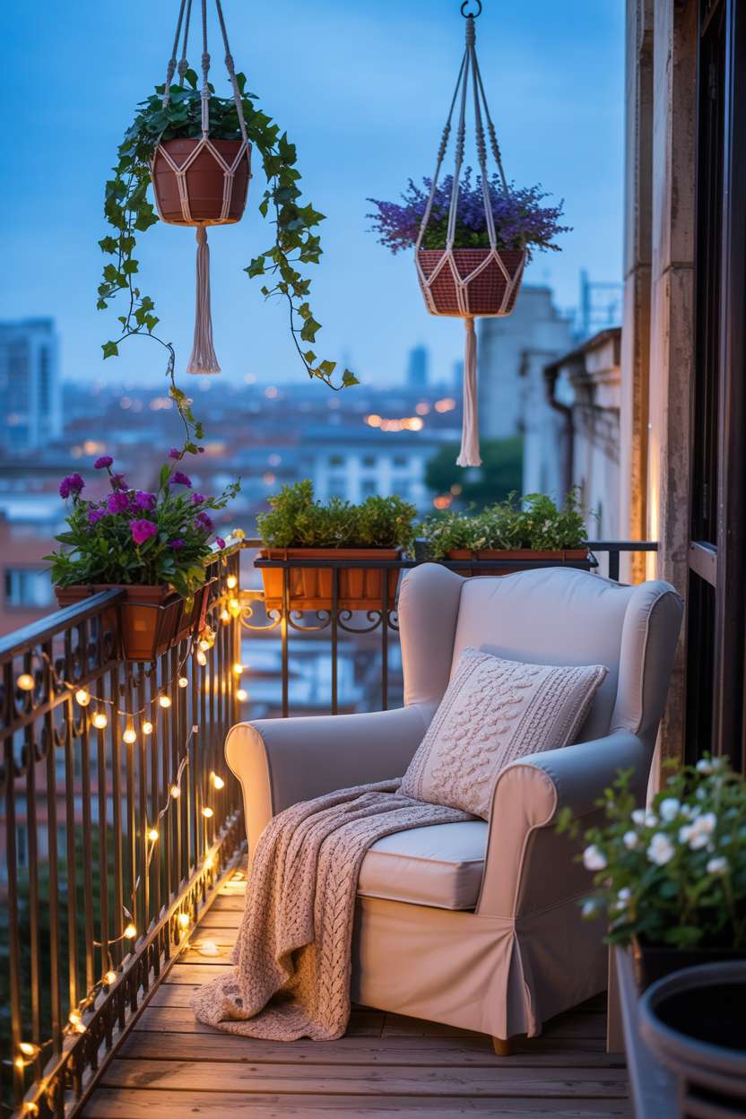 31 Boho Balcony Ideas to Create a Relaxing Outdoor Escape 10 Oversized cream armchair with patterned pillows and knitted throw surrounded by macrame planters with purple flowers