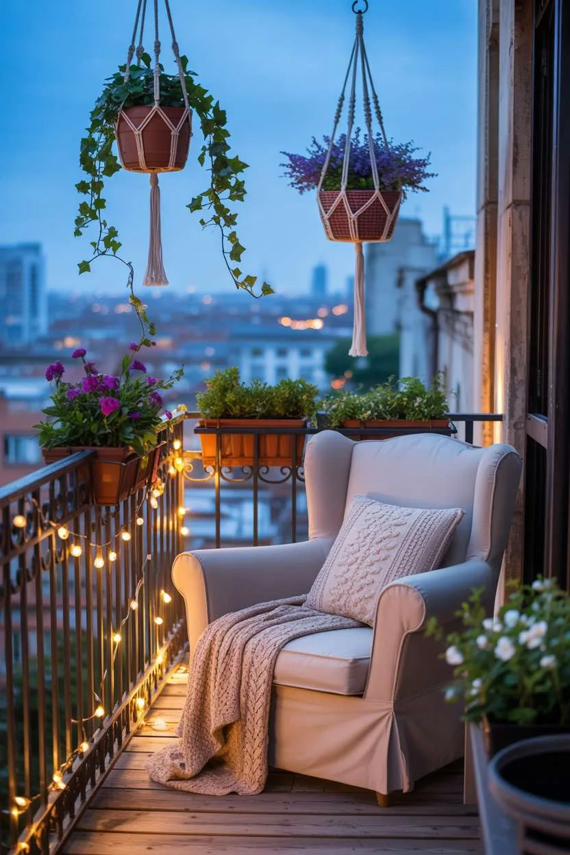 31 Boho Balcony Ideas to Create a Relaxing Outdoor Escape 10 Oversized cream armchair with patterned pillows and knitted throw surrounded by macrame planters with purple flowers