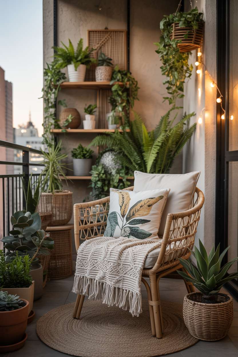 31 Boho Balcony Ideas to Create a Relaxing Outdoor Escape 11 Rattan armchair with macrame throw and botanical print cushions surrounded by varied potted plants and fairy lights