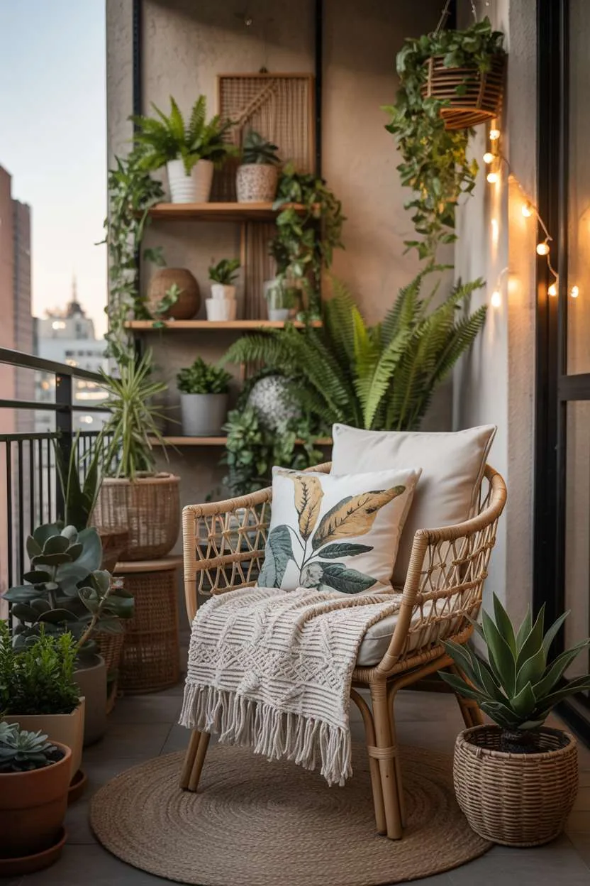31 Boho Balcony Ideas to Create a Relaxing Outdoor Escape 11 Rattan armchair with macrame throw and botanical print cushions surrounded by varied potted plants and fairy lights