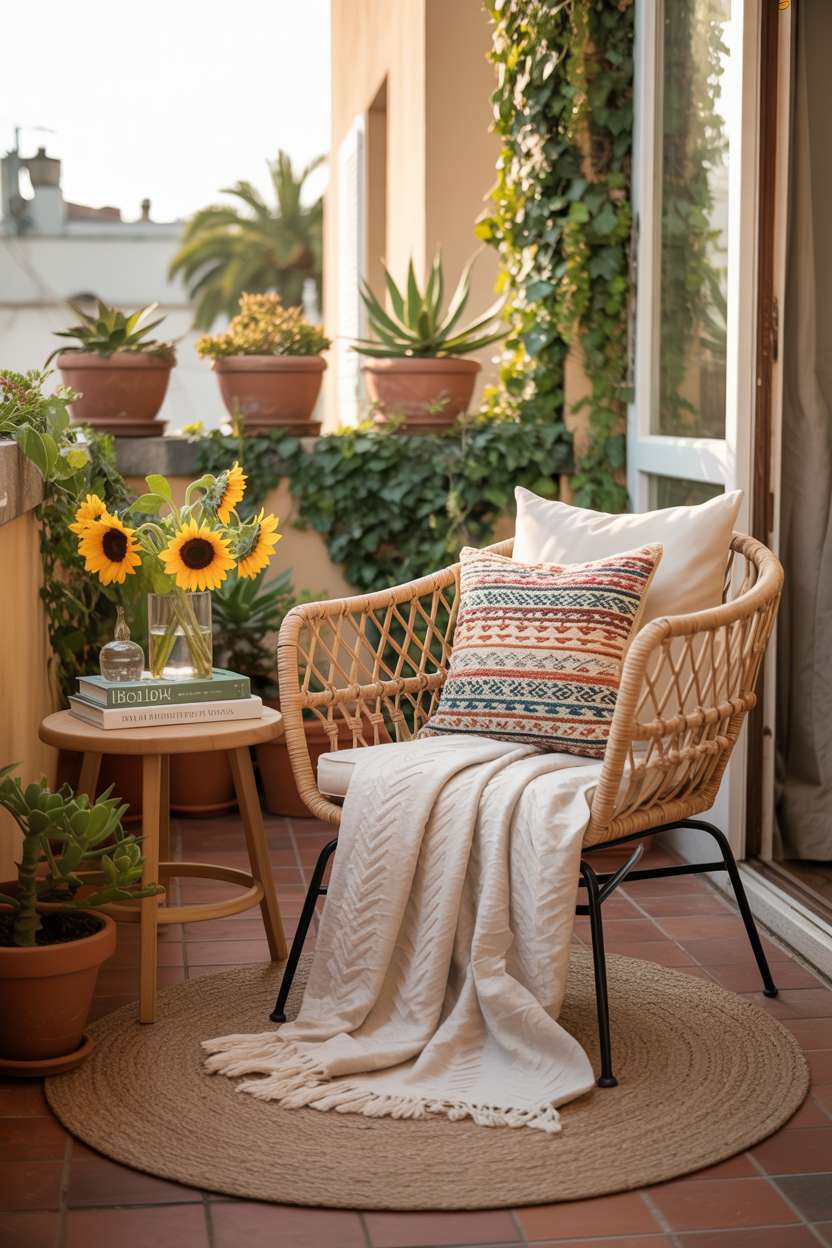 31 Boho Balcony Ideas to Create a Relaxing Outdoor Escape 12 Rattan armchair with textured throw and colorful pillows beside wooden table with sunflowers and climbing ivy