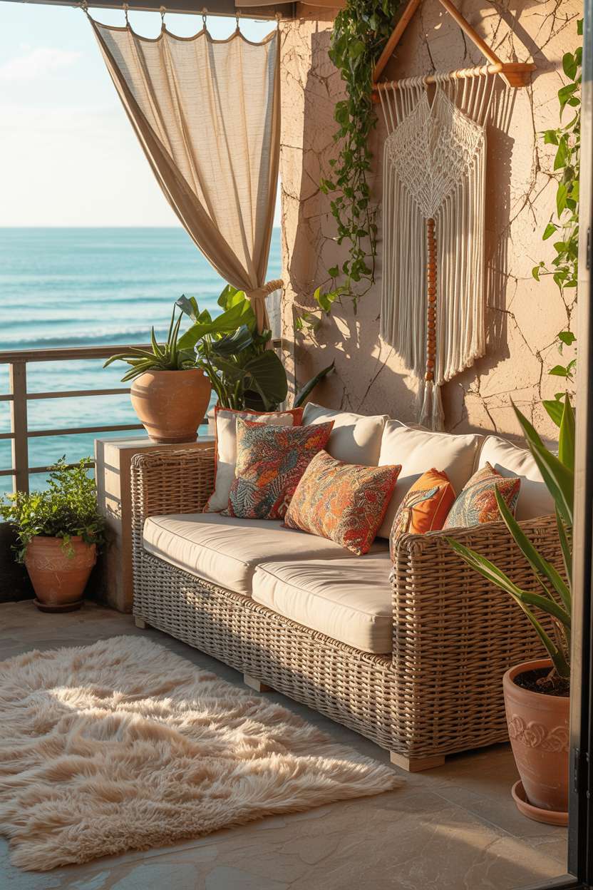 31 Boho Balcony Ideas to Create a Relaxing Outdoor Escape 13 Rattan sectional sofa with colorful cushions and cream shag rug overlooking turquoise ocean with macrame wall hanging