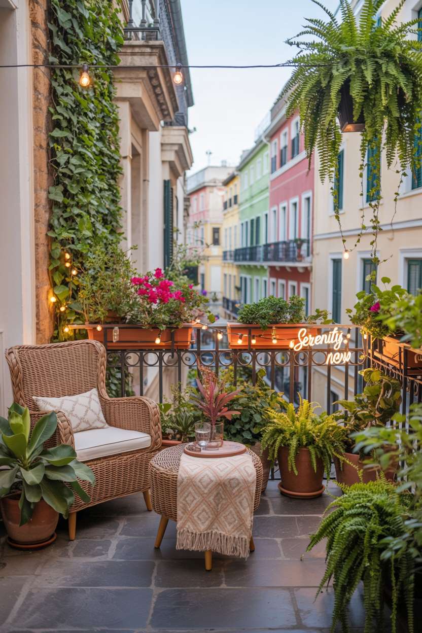 31 Boho Balcony Ideas to Create a Relaxing Outdoor Escape 14 Wicker armchair and circular table with throw blanket among terracotta pots filled with ivy and bougainvillea