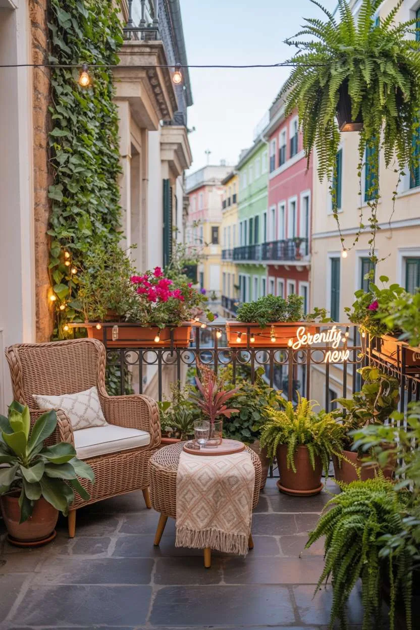 31 Boho Balcony Ideas to Create a Relaxing Outdoor Escape 14 Wicker armchair and circular table with throw blanket among terracotta pots filled with ivy and bougainvillea