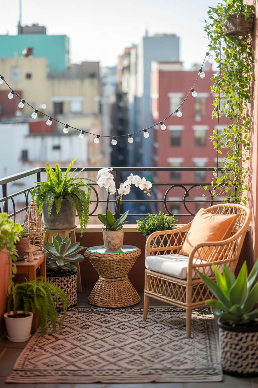 31 Boho Balcony Ideas to Create a Relaxing Outdoor Escape 15 Moroccan rug with various potted plants and wicker furniture including armchair and table with white orchids