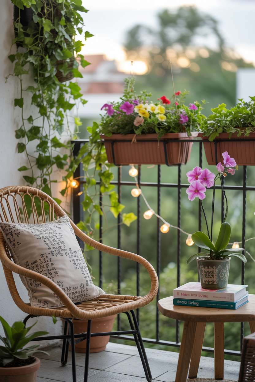 31 Boho Balcony Ideas to Create a Relaxing Outdoor Escape 16 Small rattan chair with patterned cushion beside wooden table with orchid and books surrounded by hanging planters