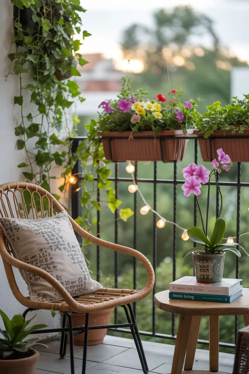 31 Boho Balcony Ideas to Create a Relaxing Outdoor Escape 16 Small rattan chair with patterned cushion beside wooden table with orchid and books surrounded by hanging planters