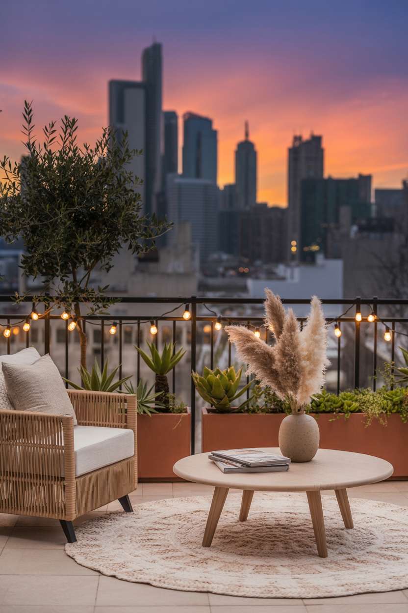 31 Boho Balcony Ideas to Create a Relaxing Outdoor Escape 17 Cream woven rug anchoring rattan armchair and wooden coffee table with pampas grass overlooking city skyline
