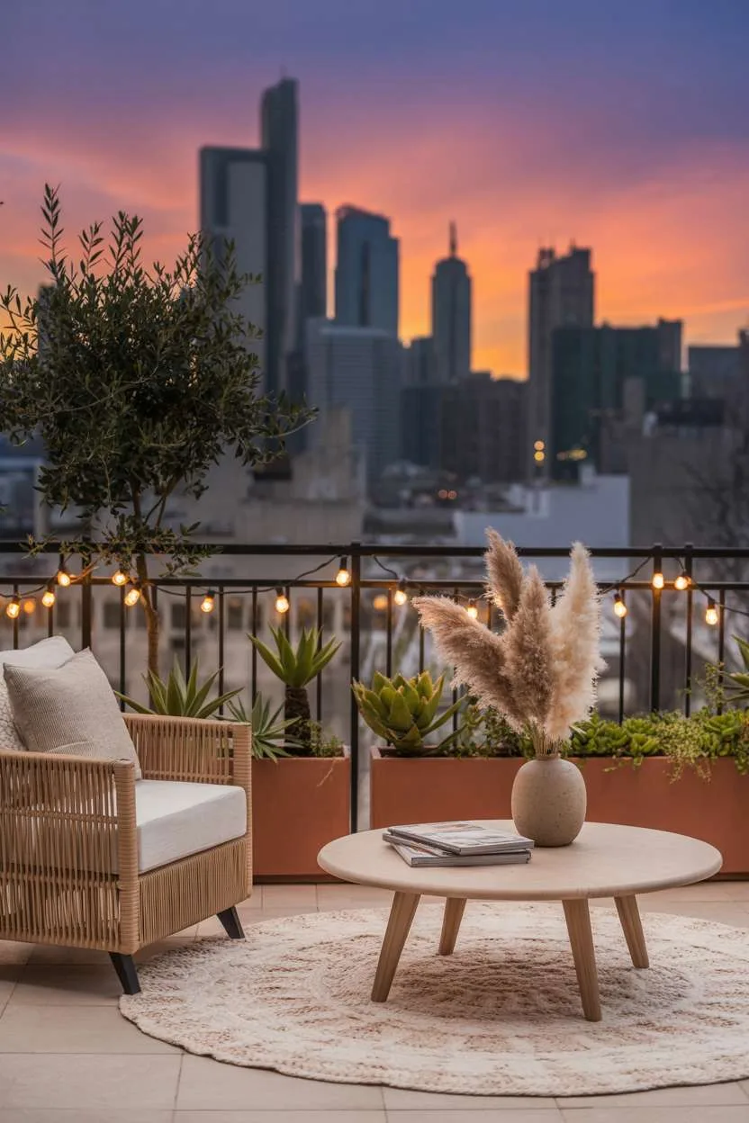 31 Boho Balcony Ideas to Create a Relaxing Outdoor Escape 17 Cream woven rug anchoring rattan armchair and wooden coffee table with pampas grass overlooking city skyline