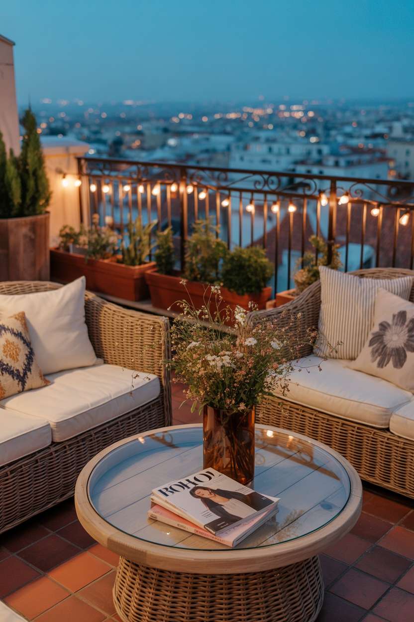31 Boho Balcony Ideas to Create a Relaxing Outdoor Escape 18 Wicker furniture with cream cushions around circular wooden table with wildflowers and fairy lights