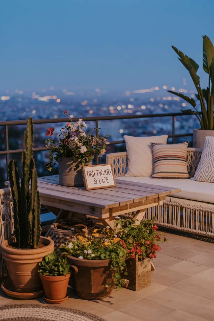 31 Boho Balcony Ideas to Create a Relaxing Outdoor Escape 19 Weathered wooden table surrounded by terracotta pots with ivy and wildflowers, macrame hangings casting shadows