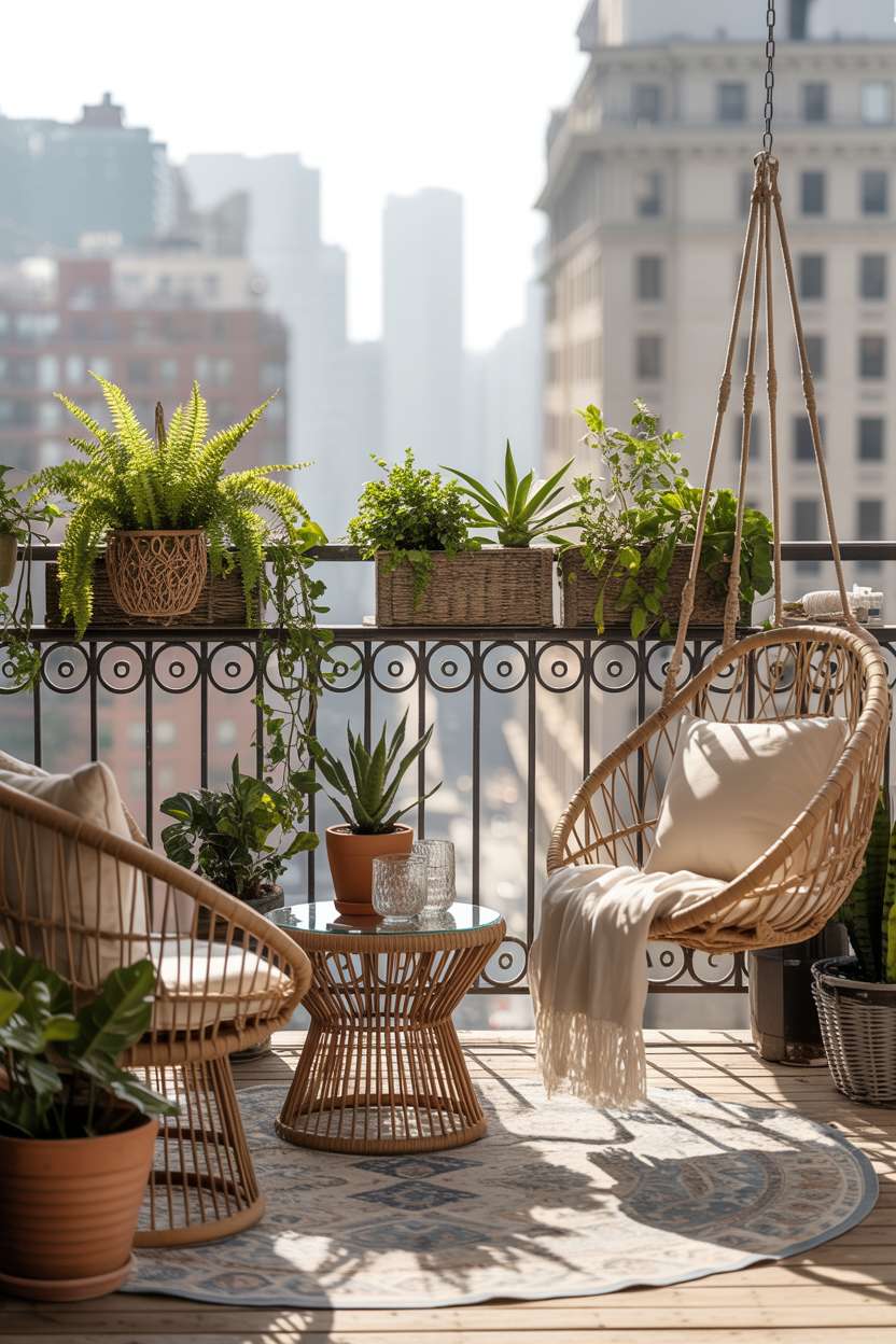 31 Boho Balcony Ideas to Create a Relaxing Outdoor Escape 20 Wicker hanging chair and round table with patterned rug surrounded by macrame planters and trailing vines