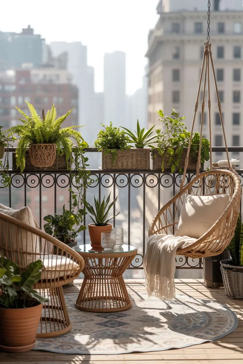 31 Boho Balcony Ideas to Create a Relaxing Outdoor Escape 20 Wicker hanging chair and round table with patterned rug surrounded by macrame planters and trailing vines