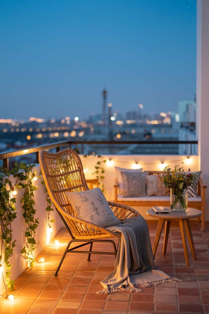 31 Boho Balcony Ideas to Create a Relaxing Outdoor Escape 21 Rattan lounge chair with woven throw and patterned pillows beside wooden table with wildflowers overlooking city lights