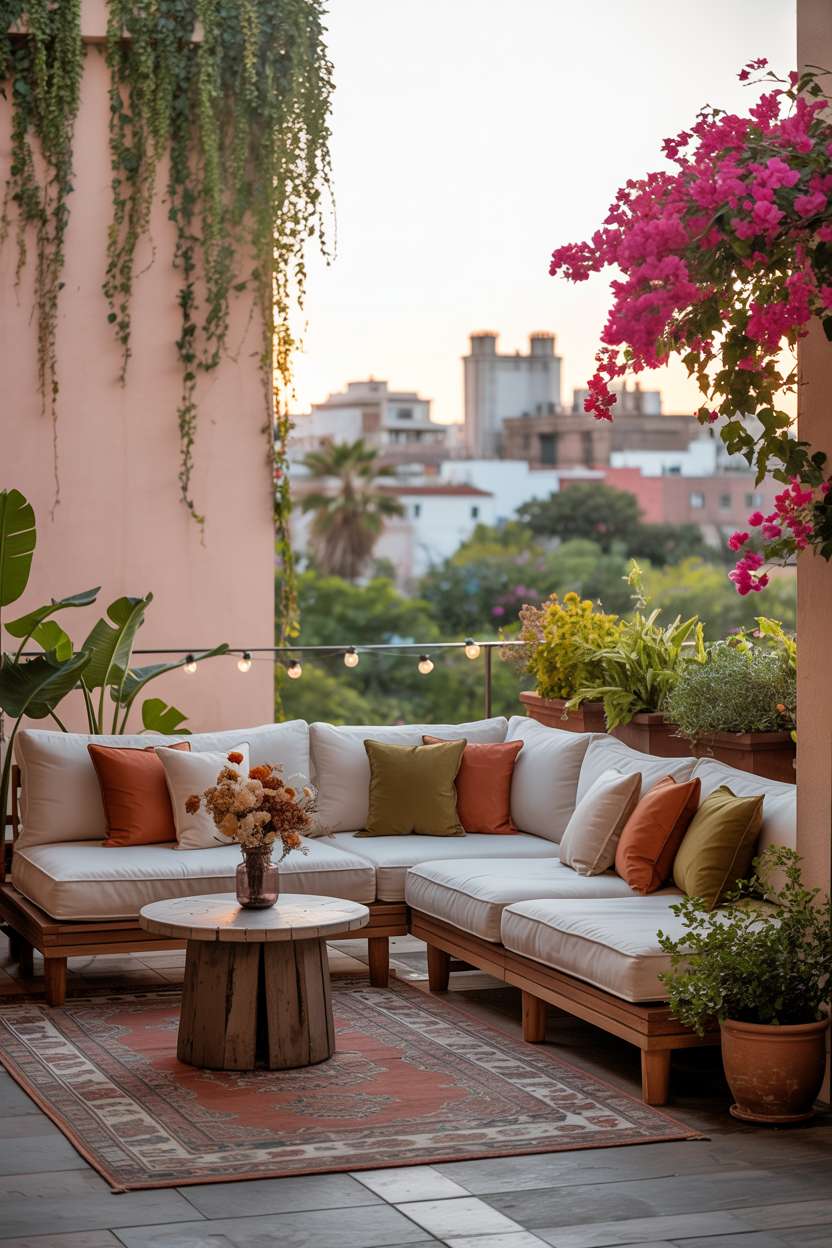 31 Boho Balcony Ideas to Create a Relaxing Outdoor Escape 22 Cream sectional sofa on patterned rug with terracotta and olive pillows around reclaimed wood table with dried flowers