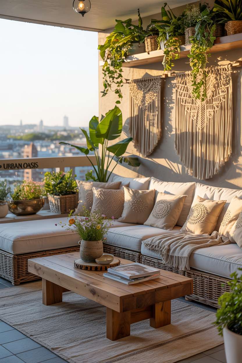 31 Boho Balcony Ideas to Create a Relaxing Outdoor Escape 23 White sectional sofa with patterned pillows and macrame wall hangings surrounded by potted plants and rustic coffee table