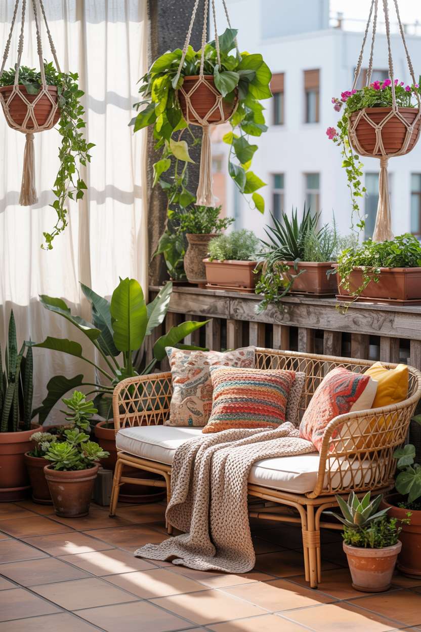 31 Boho Balcony Ideas to Create a Relaxing Outdoor Escape 24 Woven rattan sofa with colorful cushions and knit throw surrounded by hanging macrame planters with ivy and flowering vines