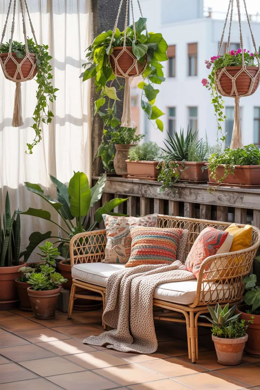 31 Boho Balcony Ideas to Create a Relaxing Outdoor Escape 24 Woven rattan sofa with colorful cushions and knit throw surrounded by hanging macrame planters with ivy and flowering vines