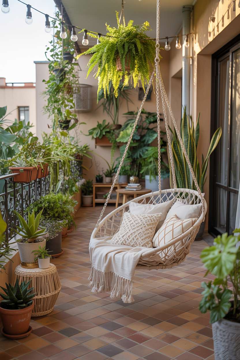 31 Boho Balcony Ideas to Create a Relaxing Outdoor Escape 25 Cream woven hanging chair with patterned pillows on terracotta tile floor surrounded by varied potted plants and fairy lights